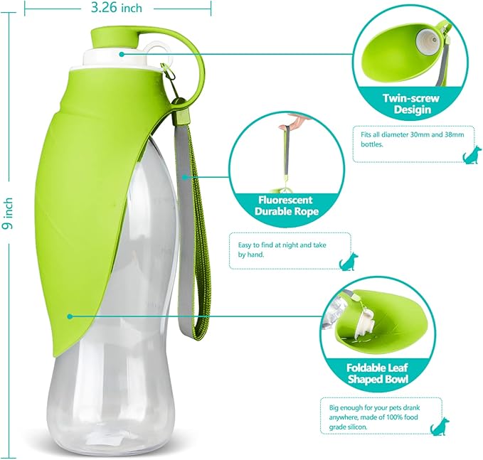 Dog Water Bottle, Portable Pet Water Dispenser Feeder Leak Proof with Drinking Cup Dish Bowl for Outdoor Walking, Hiking, Travel, 20OZ Water Bottle Fit for Small to Large Dogs and Cats Green