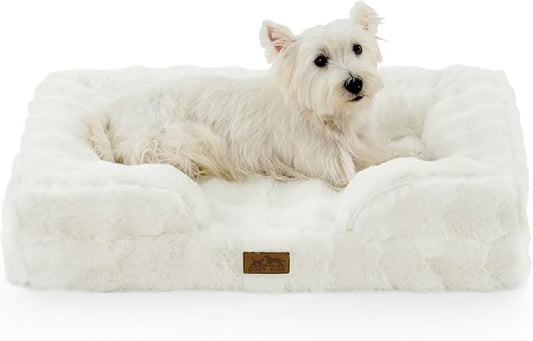 Orthopedic Dog Bed for Medium Small Size Dog, Soft and Warm Faux Fur Sofa for Pet Up to 40 lbs, Foam Bolster Anti-Slip Couch with Washable Removable Cover, M 30x20x6.5 inch, Beige