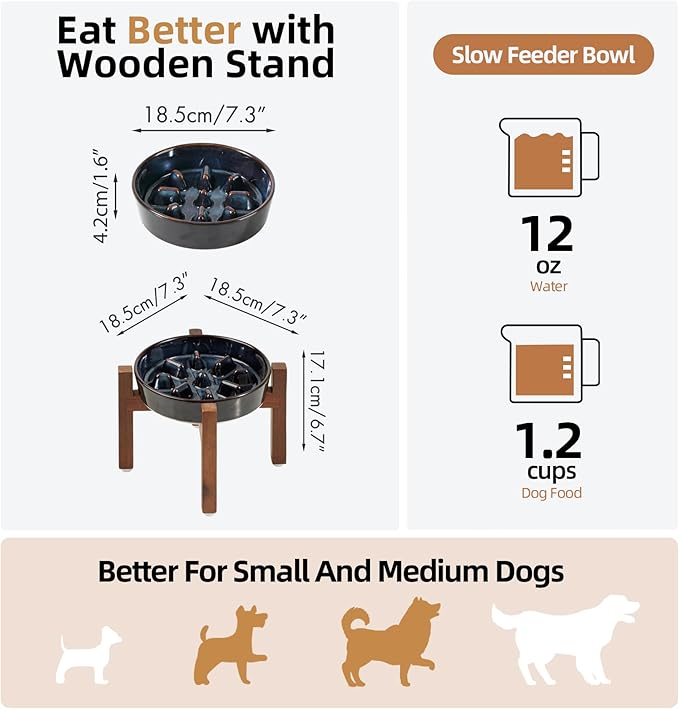 Ceramic 1.2 Cup Dog Raised Slow Feeder Set, Elevated Bowl with Wooden Stand for Medium and Small Dog, 7.3inch Slow Feeder Dish for Fast Easters (Starry Sky, Single Bowl+ Stand)