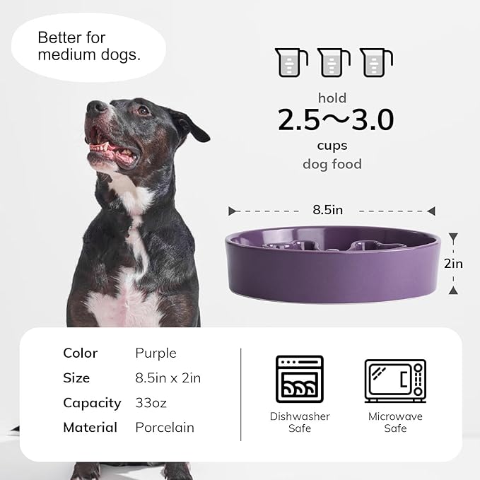 Slow Feeder,Ceramic-Slow Feeder Dog Bowls,Puzzle Food Bowl Maze,2.5 Cups Slow Feed Dog Bowl for Medium and Large Breed Dogs,Purple