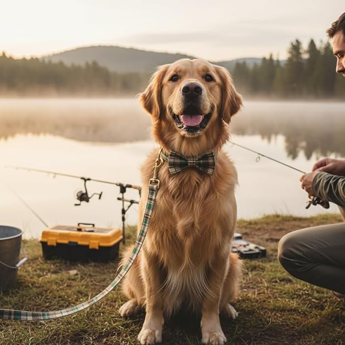 PETDURO Personalized Dog Collar Brown Green Plaid for Large Medium Dogs | Engraved Name and Phone Number on Gold Metal Buckle for Boys & Girls | Add Leash & Bow Tie via Customize Now