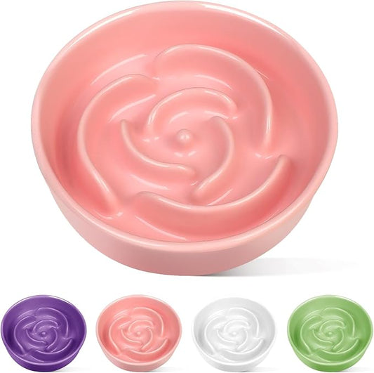 TRUVIC Ceramic Slow Feeder Dog Bowls, 1.5 Cup Puzzle Slow Feeder Bowls for Fast Eaters, Ceramic Dog Food Dish no Black Chin, Puzzle Bowl for Medium Dogs, Pink