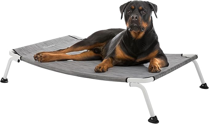 Veehoo Elevated Dog Bed for Outdoor, Cooling Waterproof Raised Dog Cots Beds XL, Curved Off Ground Pet Hammock Cot Lifted for Outside, up to 150lbs, White Legs, Black Silver 49"