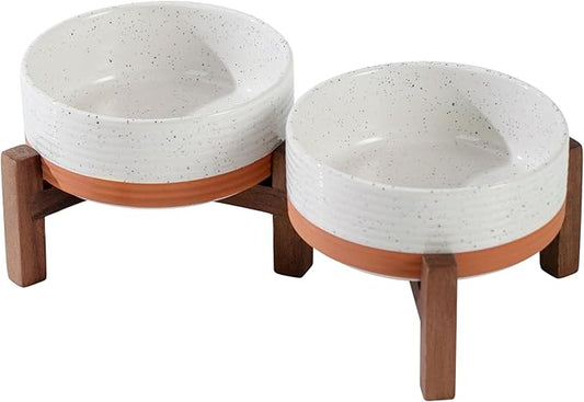 Ceramic 5.1inch Raised Double Bowls Set with Acacia Wood Stand, 2 Heights Elevated, Food & Water Bowls for Puppy, Kitty, Cats(13.5oz, Vanilla White)