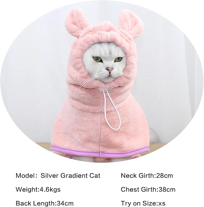 Pet Bathrobe for Dog Cat Absorbently Quick Drying Coat Cute Dogs Bath Towel Hooded Robe Adjustable Collar & Belly Strap for Pool Beach (Pink, Small)