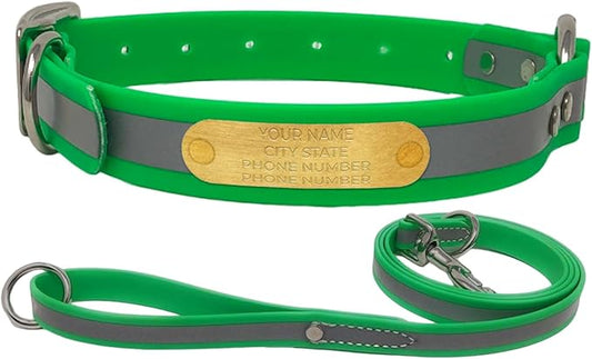 Regal Dog Products Large Lime Green with Custom Engraved Reflective Dog Collar and Leash Set | Waterproof Dog Collar with D Ring | Center Ring & 5'ft Leash | Matching Dog Collar and Leash for Dogs