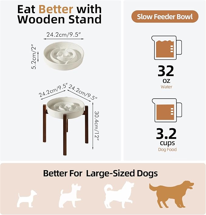 Ceramic 3.2 Cup Raised Slow Feeder Dog Bowl Set, Elevated Acacia Wood Stand for Large Dog, 9.5inch Slow Dish, Stop Bloat(Single Bowl+ Stand, Vanilla White)