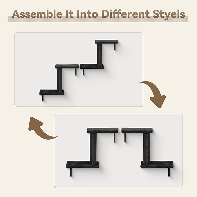 6-in-1 Cat Wall Shelves, Wall-Mounted Cat Furniture for Indoor Kittens, Modern Floating Shelves with Scratching Posts, Bed, Perch, Bridge, Condo, Steps and Scratcher, Space-Saving Gym, Black