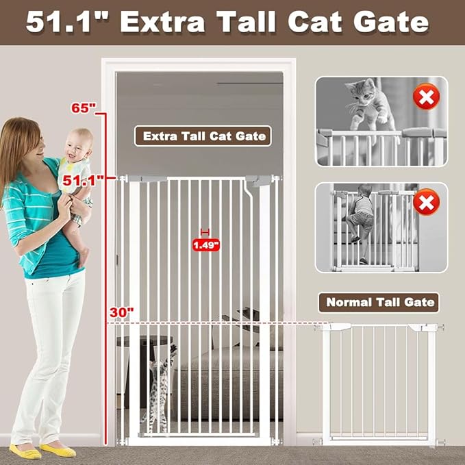 Fairy Baby 51.18" Extra Tall Pet Gate for Doorways, 48.5"-56.2" Extra Wide Long Baby Gate for Stairs, Metal Pressure-Mounted Walk-Through Dog Gate, Auto Close Safety Child Gate Indoor Use, White