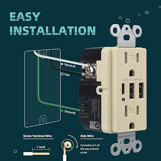TOPELER USB Outlet, 30W 6.0A USB C Wall Receptacle, 15 Amp Tamper-Resistant Receptacle Plug, in-Wall Electrical Socket with USB-A & C Port, UL & FCC Listed, Screwless Wall Plate, Ivory