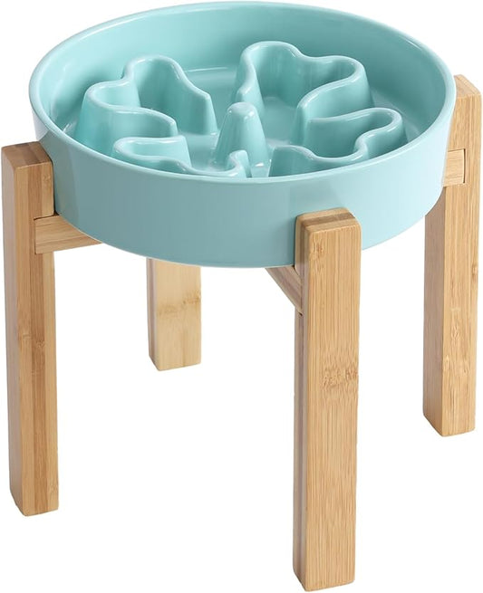 Slow Feeder,Ceramic-Slow Feeder Dog Bowls Elevated for Medium and Large Breed,2.5 Cups Slow Feed Dog Bowl with Stand,Turquoise