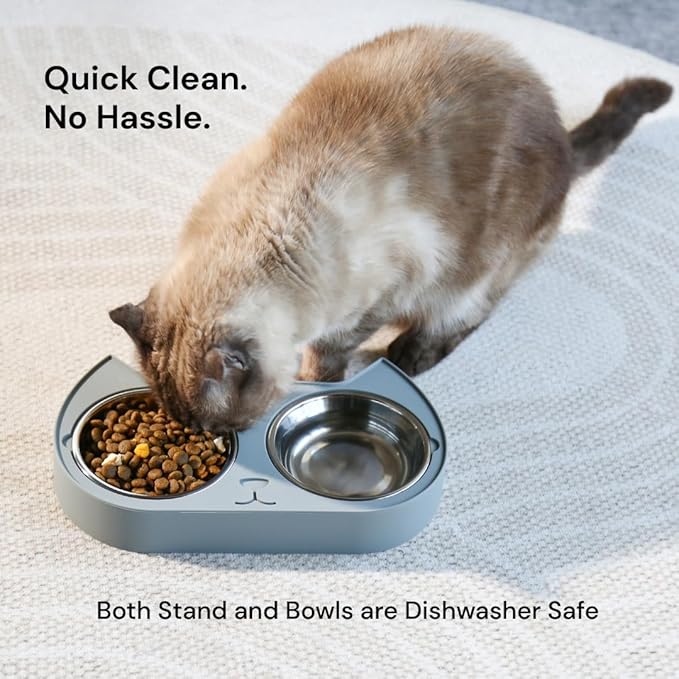 7 Ruby Road Cute Cat Bowls for Indoor Cats and Kitty, Double Cat Food Water Bowl Set with 2 Stainless Steel Pet Dishes and Grey Silicone Feeding Station, 350ml Kitten Bowls for Wet & Dry Food