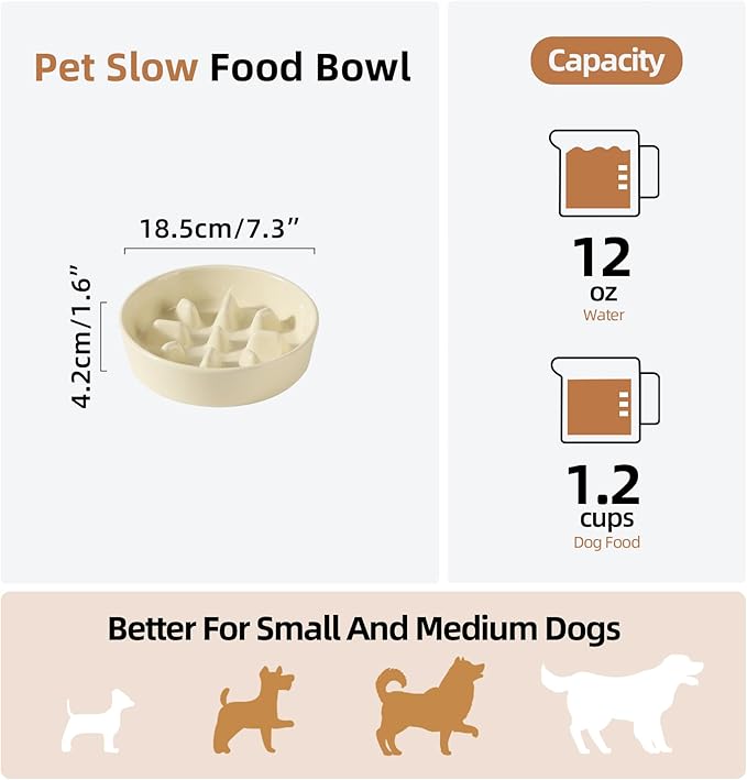 Ceramic 1.2 Cup Dog Bowl Slow Feeder, 7.3 inch Slow Pet Food Dish for Medium and Small Dog, Stop Bloat, Preventing Choking(Single Bowl, Beige)