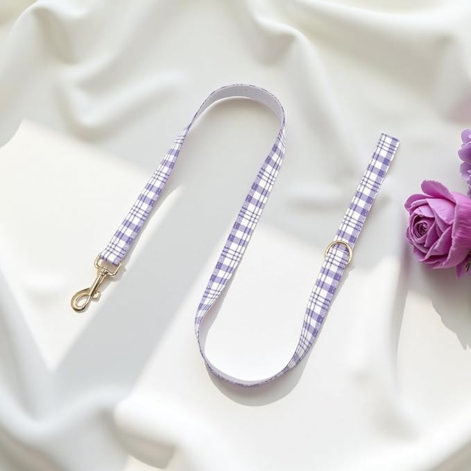 PETDURO Personalized Dog Collar Lavender Plaid for Large Medium Dogs | Engraved Name and Phone Number on Gold Metal Buckle for Girls | Add Leash & Bow Tie via Customize Now