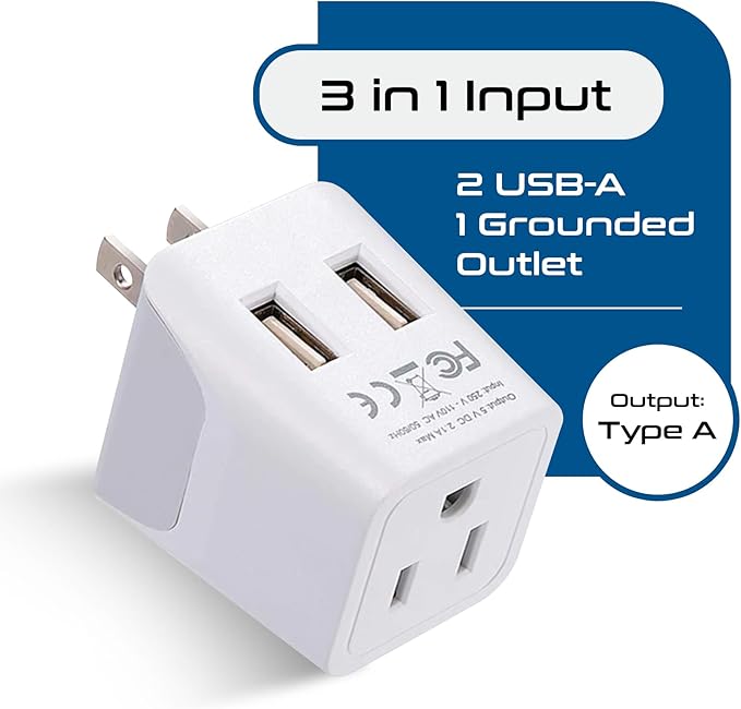 Ceptics Japan, Philippines Travel Adapter Plug with Dual USB - Usa Input - Type A - Ultra Compact (CTU-6) - Perfect for Cell Phones, Laptops, Camera Chargers