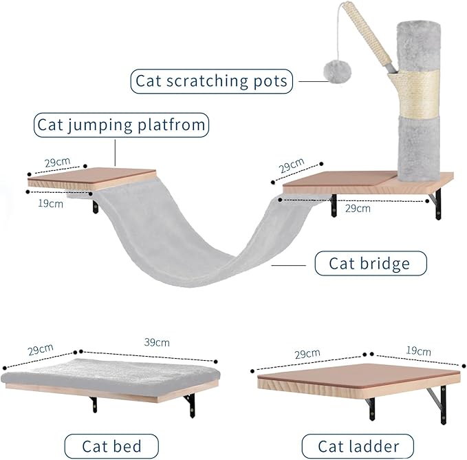 Cat Wall Shelves, Solid Wood Cat Wall Furniture Set, with Cats Bed, Hammock, Felt Ladder, Sisal Scratching Post & Ball (Grey)