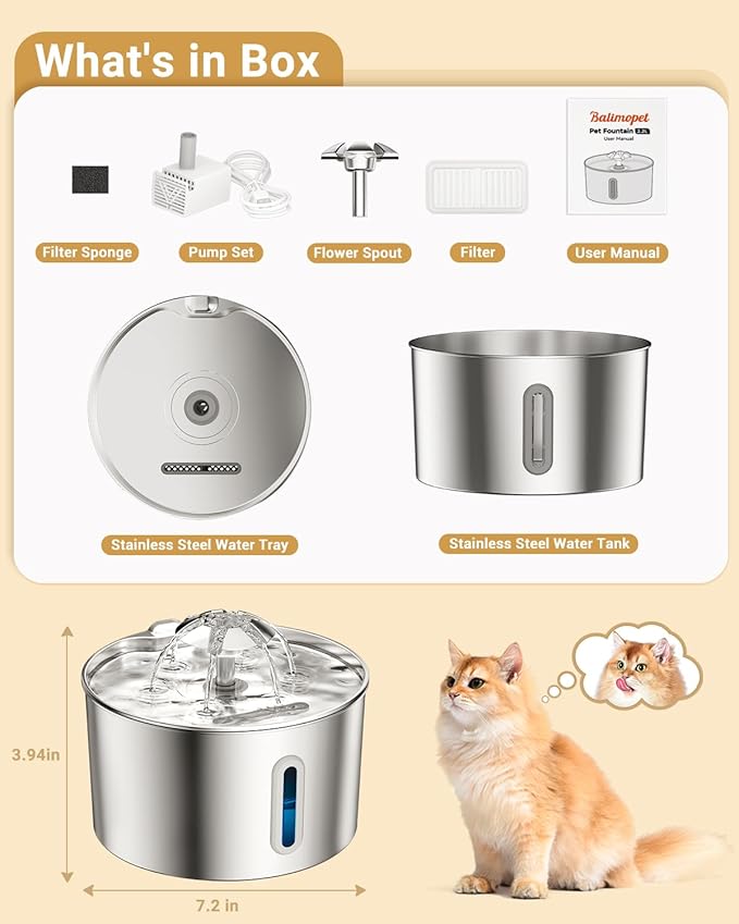 Cat Water Fountain Stainless Steel - 74oz/2.2L Pet Dog Water Dispenser Automatic Silent Cats Dispenser for Drinking Indoor Metal Kitty Spout Fountains with 3 Filters & 3 Sponges Christmas Stuff Gifts