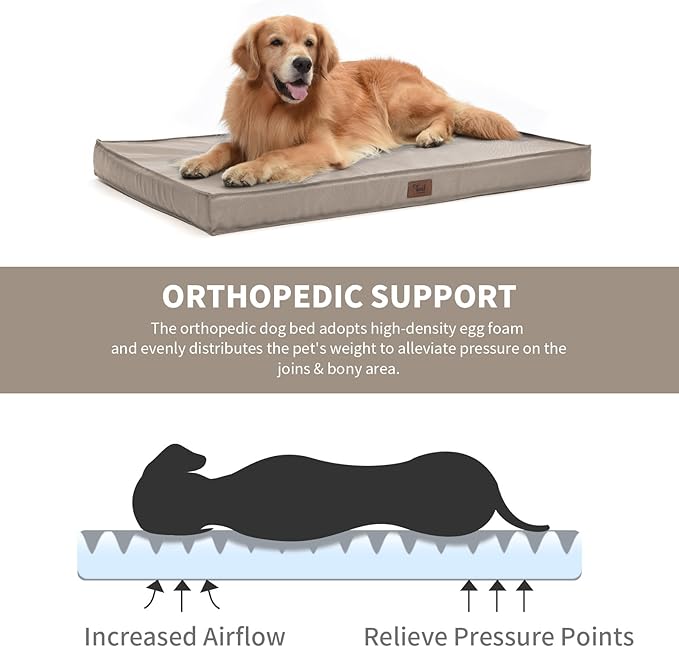 Outdoor Orthopedic Dog Bed for Medium Dogs & Cats, Waterproof Flat Pet Mat with Egg Crate Foam & Washable Removable Oxford Cover, 30x20 Inch, Khaki