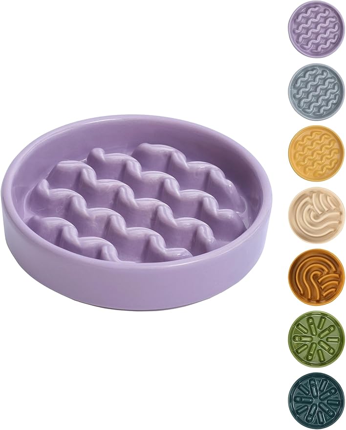 Ceramic Maze Dog Slow Feeder with Non-Slip Silicone Rim – Heavy-Duty Stoneware Bowl with Puzzle Pattern for Bloating & Obesity Prevention (Purple-S)