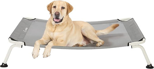 Veehoo Elevated Dog Bed for Outdoor, Cooling Waterproof Raised Dog Cots Beds for Large Dogs, Curved Off Ground Pet Hammock Cot Lifted for Outside, up to 85lbs, White Legs, Grey 42"