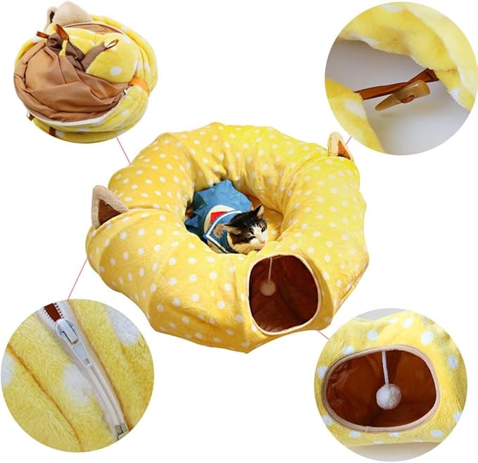 AUOON Cat Tunnel Bed - Christmas Tree Cat Tunnel, Cat Donut Tunnel with Soft Plush Circle Cushion for Indoor Cats Kitten Kitty Puppy Rabbit Ferret (Yellow)