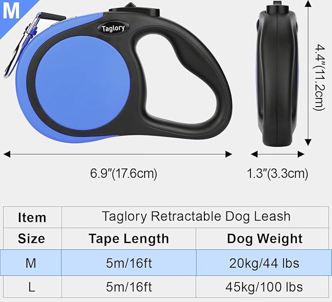 Taglory Retractable Dog Leash, 16ft No Tangle Leash Retractable for Small Medium Dogs Up to 44 lbs, One-Handed Brake, Pause, Lock, Blue
