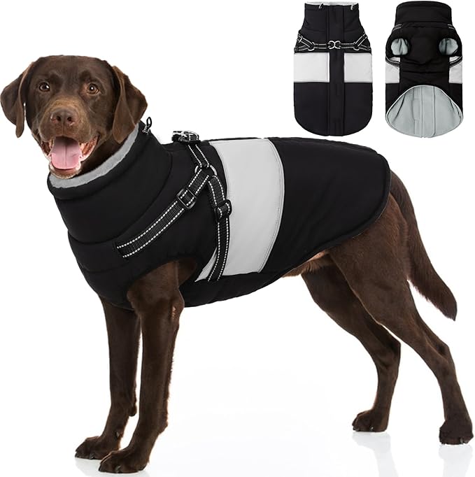 SUNFURA Dog Coat, XXXL Dog Jacket Winter with Harness Built in, Waterproof Pet Snow Jacket with Furry Collar for Chilly Day, Reflective Fleece Snowsuit for Extra Large Dogs, Black 3XL