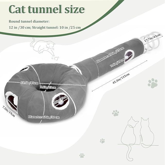 Ownpets 2-in-1 Cat Tunnel, Large Lollipop Shape Cat Tunnel Toy with Fluffy Balls, Spiral Toy, Plush Collapsible Cat Cave Hideout Donut Tunnel for Multi Kitten Puppy Rabbit (Grey)