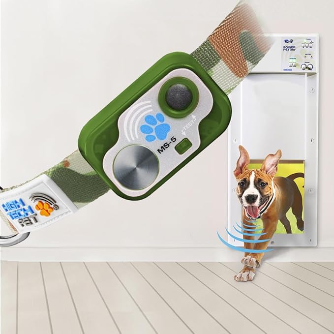 MS-5 Designer Series, Premium Performance Automatic Pet Door Collar by High Tech Pet Brand - Green/Camo Strap - Class A Battery Included - Stylish Design - Waterproof - Rugged - USA Support (Camo)