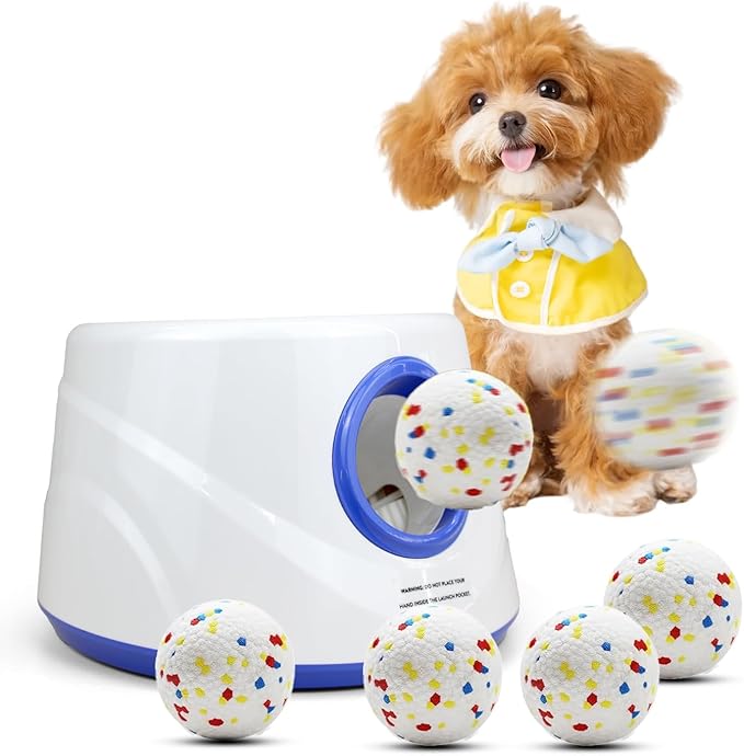 Automatic Dog Ball Launcher with 6 ETPU Balls, Adjustable Distance 20-45ft, USB Rechargeable, Interactive Pet Toy (Blue)