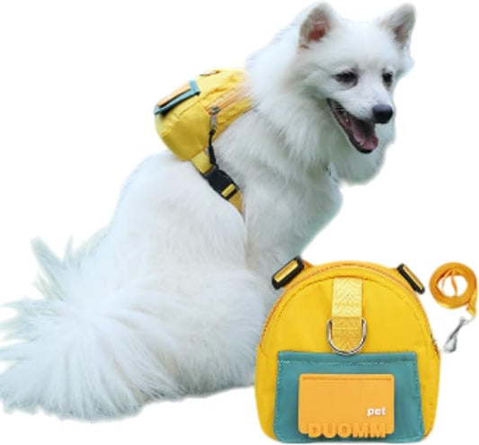 Dog Backpack Strap Leash,Dog Harness with Poop Bag Dispenser,Adjustable and Waterproof,Dog Hiking Backpack,Suitable for Travel and Daily Walks (Yellow, M)