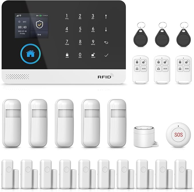 PGST WiFi Alarm System,2.4" Screen Home Security System,24 Pieces Wireless Door Alarm Kits,SOS Button,Loud Siren,4G SMS/Call and Phone APP Alerts for Home,Villa,Apartment,No Subscription Fee
