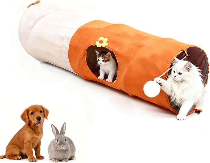 Large Cat Tunnels for Indoor Cats, Durable & Collapsible Play Tubes and Tunnels with Crinkle Sound & Balls for Adult Cats & Kittens (Orange)