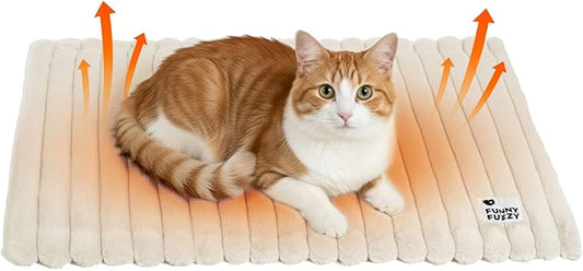 FUNNY FUZZY Self Warming Cat Bed, Waterproof Corduroy Fleece Warm Self Heating Pad for Cats & Dogs, Non-Skid Thermal Pet Mat Indoor with Removable Washable Cover - ThermoPad, 25.5"×17.7", Cream White
