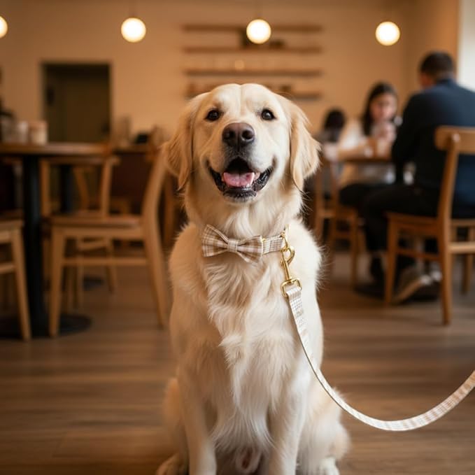 PETDURO Personalized Dog Collar Light Brown Plaid for Large Medium Dogs | Engraved Name and Phone Number on Gold Metal Buckle for Boys & Girls | Add Leash & Bow Tie via Customize Now