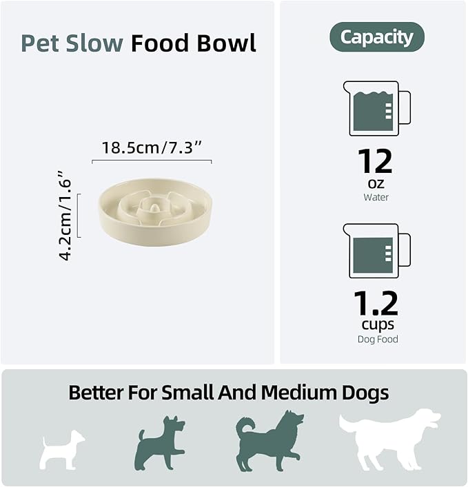 Ceramic 1.2 Cup Slow Feeder Dog Bowl for Medium and Small Breed, 7.3inch Puzzle Dog Food Dish, Anti-Gulping, Stop Bloat, Preventing Choking (Single Bowl-Beige)