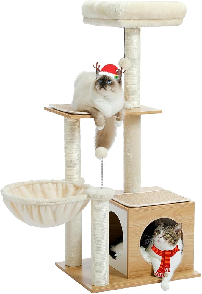 Modern Cat Tree for Indoor Cats, Small Cat Tower with Cat Condo, Scratching Posts, Top Perch and Metal Frame Hammock, Wooden Play House with Anti-Slip Mat, Beige