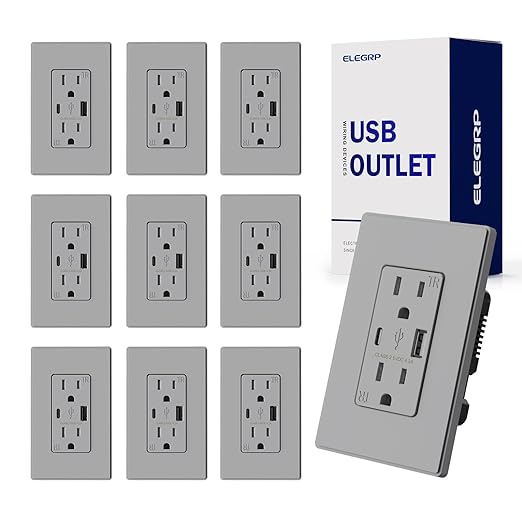 ELEGRP USB Charger Wall Outlet, USB Receptacle with USB A & USB C Ports, 15 Amp Duplex Tamper Resistant Receptacle Plug NEMA 5-15R, Wall Plate Included, UL Listed, 10 Pack, Matte Grey