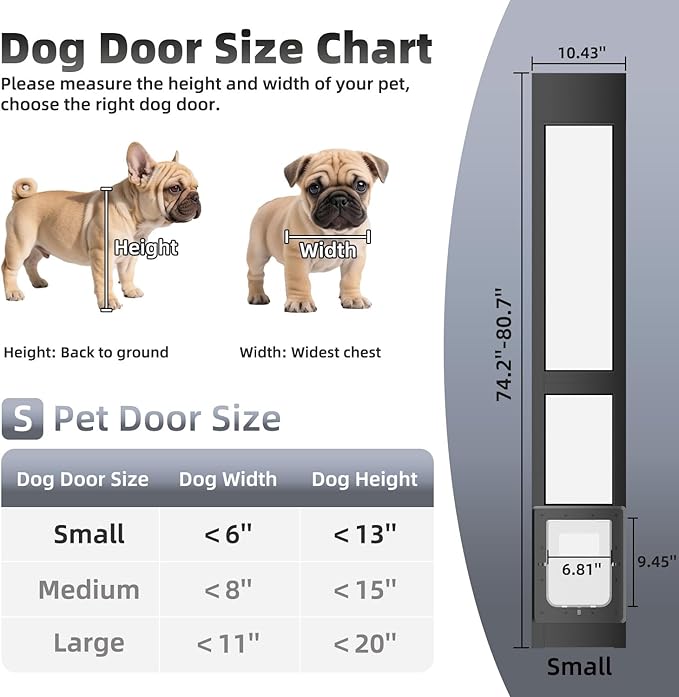 Dog Door for Sliding Glass Door with Magnetic Plastic Flat, Sliding Door Pet Doggie Door Insert with Lock, Adjustable Height No-Cut Required Doggy Door Access for Renters, Apartments, Patio (Black, S)