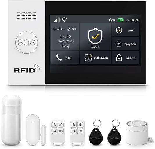 LWOHSI Alarm System for Home Security,Wireless 4.3" Fulltouch Screen Home Alarm Kits with Tuya APP Remote Alert,Door Sensors,Moiton Detector,Compatible with Alexa/Google Assistant for Villa,Apartment