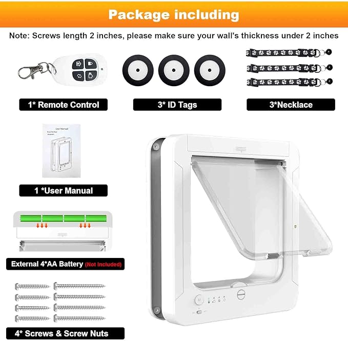 Smart Cat Door with 3 Collar Sensor, RFID Cat Door Collar Activated with Remote Control, 4 Way Locking Cat Flap Automatic Pet Door