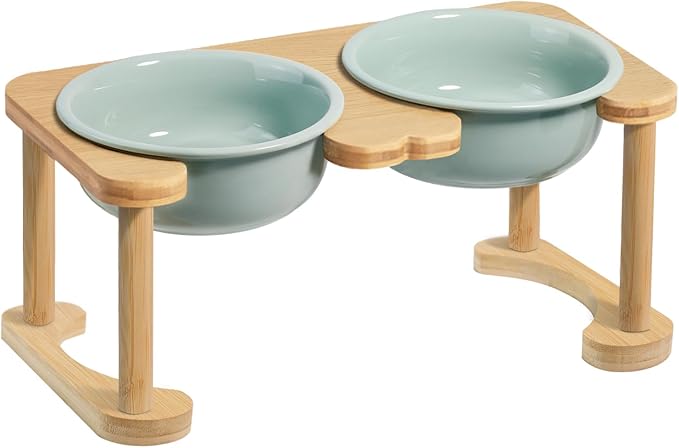 Elevated Ceramic Dog Bowls, Raised Dog Bowl with Anti-Slip Stand, Pet Feeding Dishes for Medium Sized Dogs, Modern Pet Feeder Bowl, Dog Food & Water Bowl Set (6.3" Tall-28oz-Light Green)