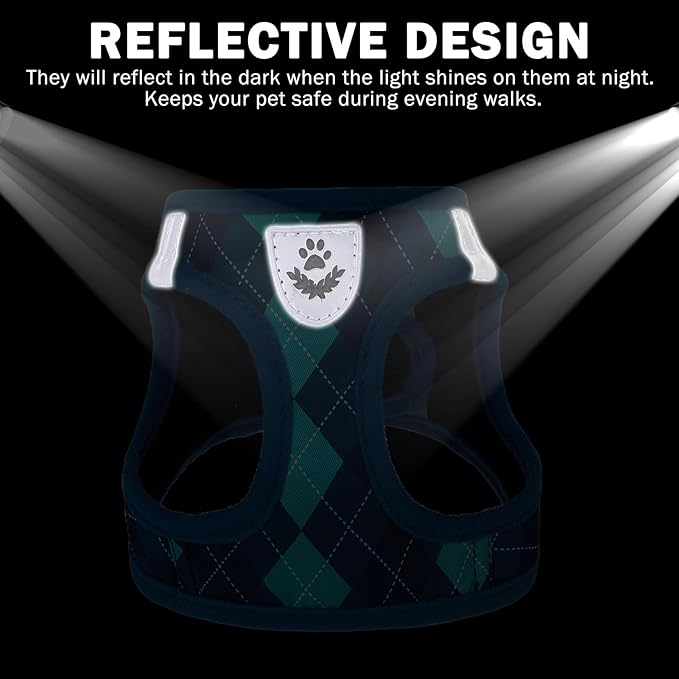 SCENEREAL Small Dog Harness and Leash Collar Set, Step in No Pull Soft Mesh Dog Harnesses for Small Medium Sized Dogs Puppy and Cats Outdoor Walking, No Chock Reflective Vest Harness, Blue Plaid S