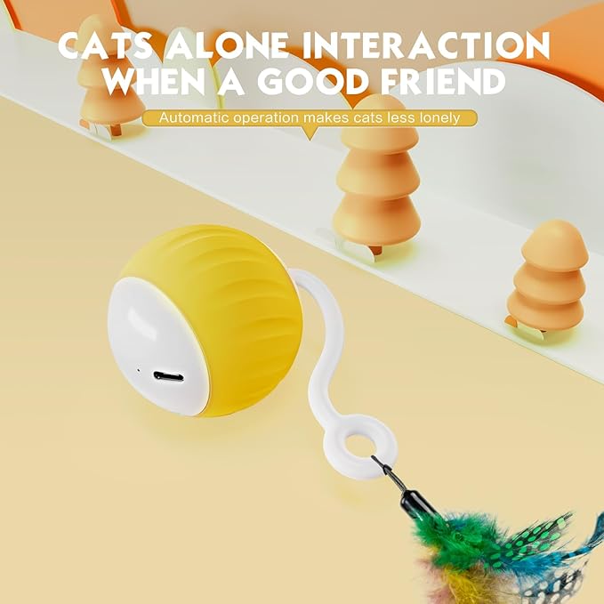 Interactive Cat Toys Ball - Electric Automatic Toys for Indoor Cats, LED Lights and Toys Feather Tail with Sound Activated and Touch, USB Rechargeable, 2peeds Mode for Bored Kittens/Adult Cats