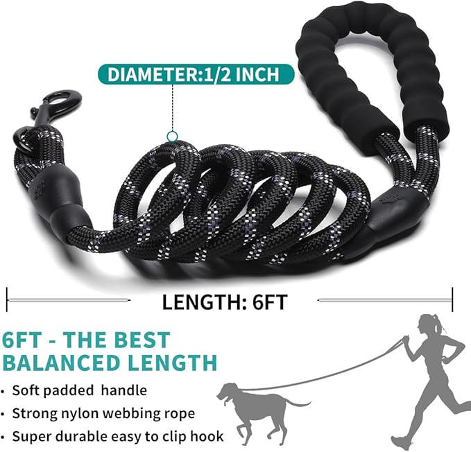 COOYOO Dog Leash 5/6 FT with Comfortable Padded Handle and Highly Reflective Threads for Small Medium and Large Dogs