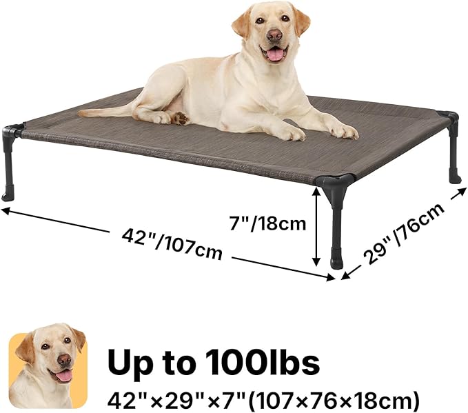 Veehoo Outdoor Elevated Dog Bed Large Sized Dogs, Cooling Raised Dog Cot Off Ground Hammock Pet Beds with Breathable Mesh, No-Slip Feet, 42"x30", Brown