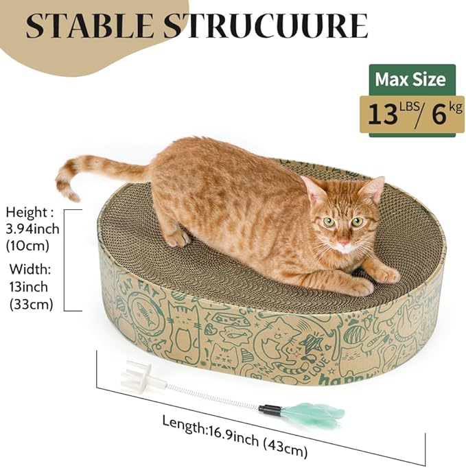 Cat Scratcher Cardboard 2in1 Oval Cat Scratcher Bed for Indoor Cats Cat Scratch Pad Bowl with Scratching Toy Corrugated Lounge Bed&Furniture Protector &Training Toy XL（Green）