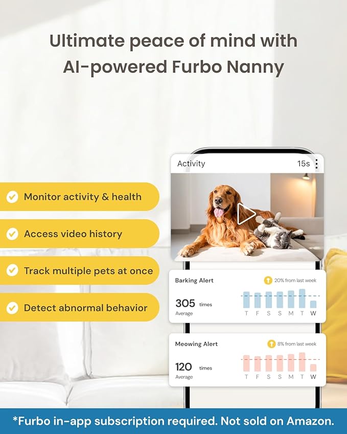 Furbo Mini 360° New 2K QHD Pet Camera - Unlock Smart Camera & Smart Features w/Paid Plan: Dog & Cat Safety Alerts, Rotating Treat Dispenser w/Speaker (Subscription Required, Low Risk 3mo Minimum)