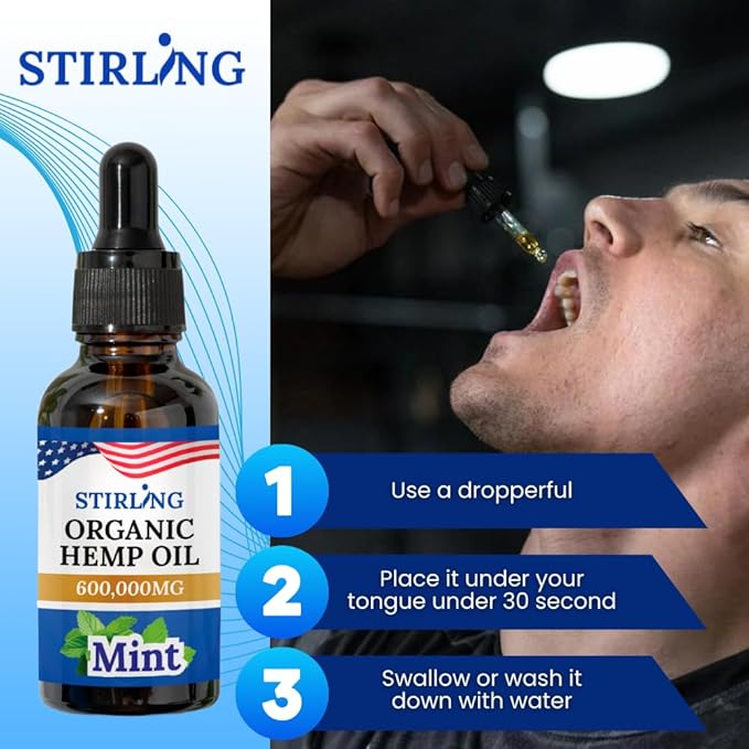 STIRLING Organic Hemp Oil - 600,000mg with Natural Mint Flavor for Enhanced Relaxation, Provides Relief and Optimal Health Support - GMO & Gluten-Free, THC-Free, Vegan, Loaded w/Omega 3 6 9 Goodness