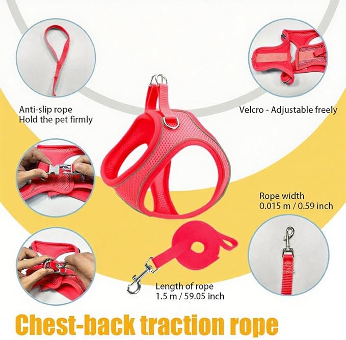 Dog Harness Small Sized and Leash Set, Dog Harness with Leash Set, Comfortable Air Mesh Dog Vest Harness with Reflective Strip, Reflective for Safe Easy Walking Dogs, Cats, Red S